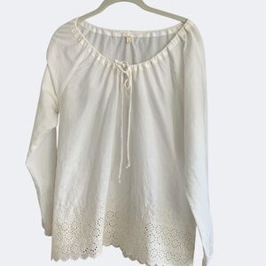 J Crew White Soft Cotton Eyelet Lace Drawstring Neck Peasant Blouse Top SZ 8
